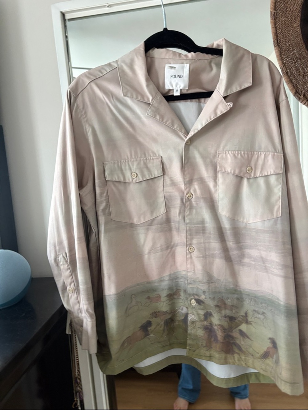 FOUND Women's Beige Button-Down Shirt with Horse Print